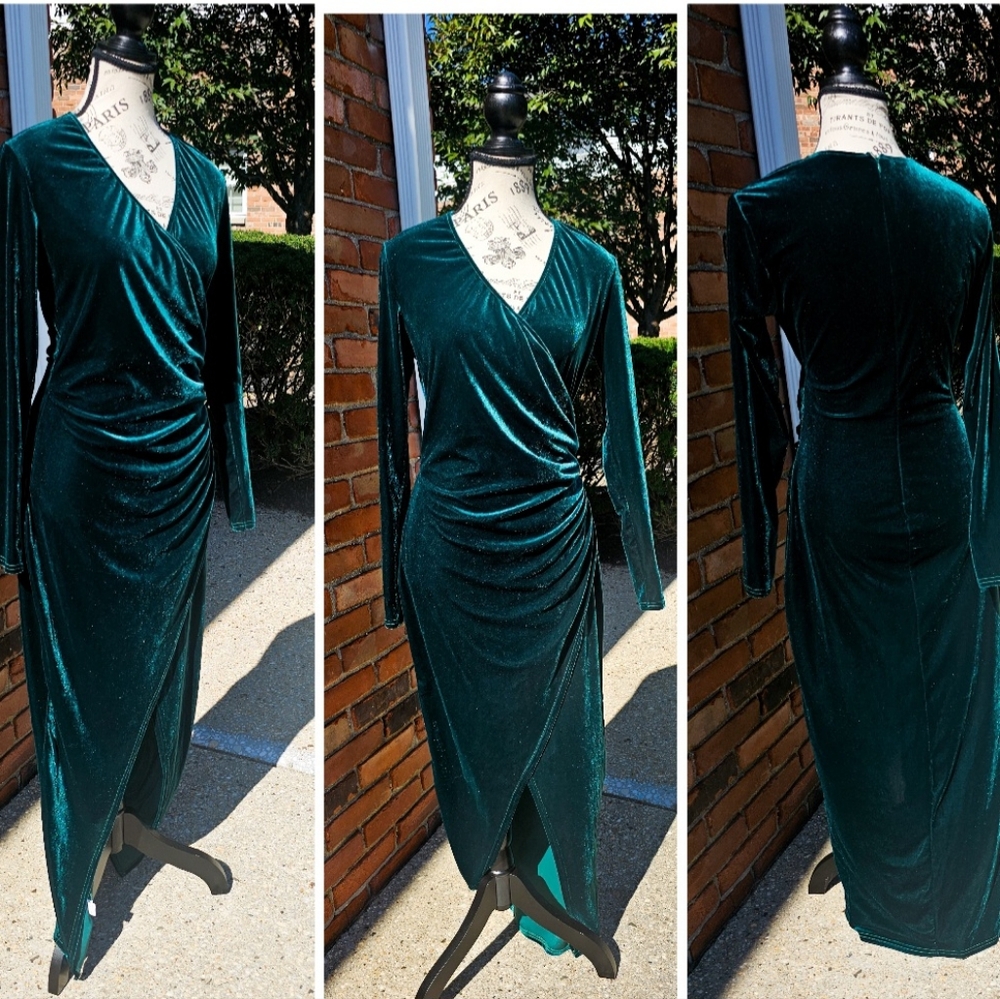 New Sexy Green Long Sleeve Faux Wrap Velvet Cocktail Dress.